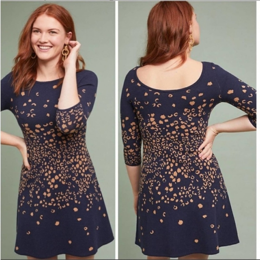 Maeve By Anthropologie Blue Leopard Mini Shift Pullover Sweater Dress